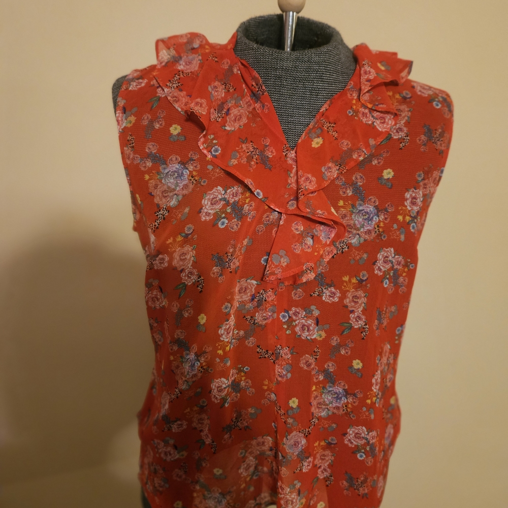 Not For Sale CAbi Vibrant Red Floral Blouse with Ruffles